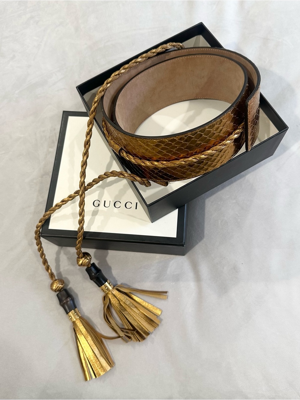 Gucci Gold Snakeskin Tassel Waist Belt